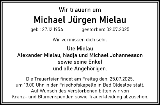 Traueranzeige von Michael Jürgen Mielau von MARKT Bad Oldesloe/Reinfeld und Stormarner Tageblatt