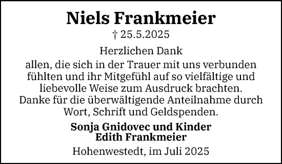 Traueranzeige von Niels Frankmeier von Schleswig-Holsteinische Landeszeitung