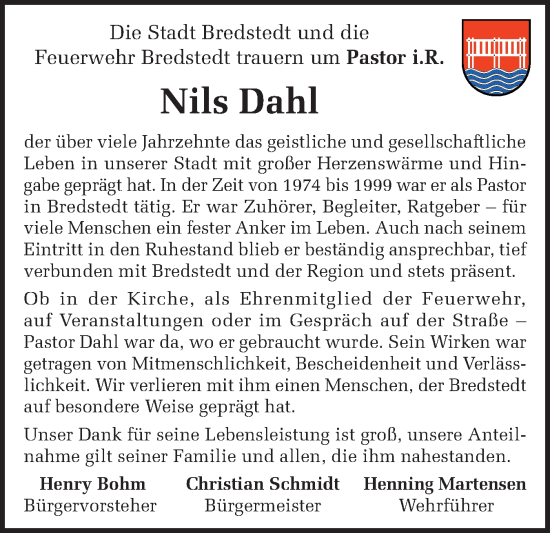 Traueranzeige von Nils Dahl von Husumer Nachrichten, Nordfriesland Tageblatt