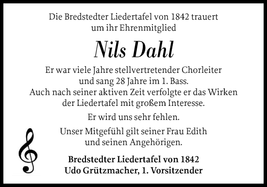 Traueranzeige von Nils Dahl von Husumer Nachrichten, Nordfriesland Tageblatt