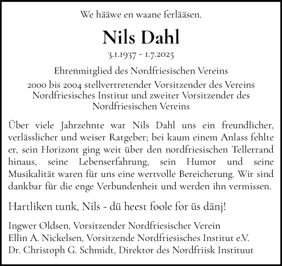 Traueranzeige von Nils Dahl von Region Westküste