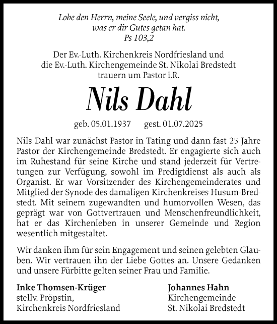 Traueranzeige von Nils Dahl von Husumer Nachrichten, Nordfriesland Tageblatt