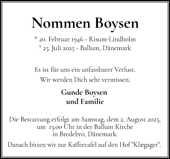 Traueranzeige von Nommen Boysen von Husumer Nachrichten, Nordfriesland Tageblatt