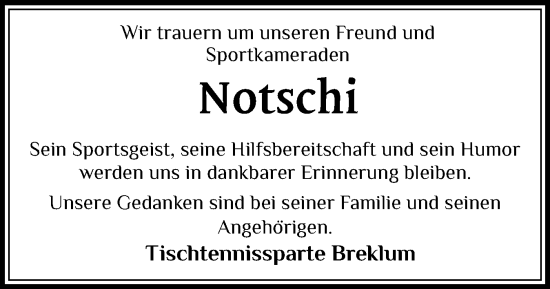 Traueranzeige von Notschi  von Husumer Nachrichten, Nordfriesland Tageblatt