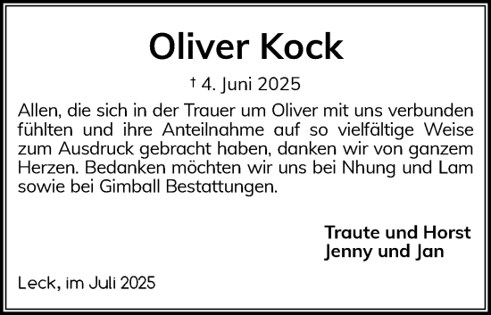 Traueranzeige von Oliver Kock von Husumer Nachrichten, Nordfriesland Tageblatt