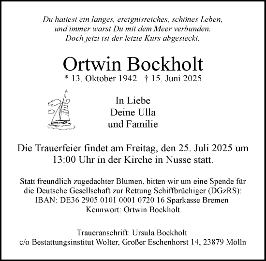 Traueranzeige von Ortwin Bockholt von MARKT Ratzeburg/Mölln