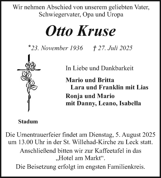Traueranzeige von Otto Kruse von Husumer Nachrichten, Nordfriesland Tageblatt
