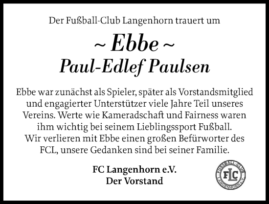 Traueranzeige von Paul-Edlef Paulsen von Husumer Nachrichten, Nordfriesland Tageblatt