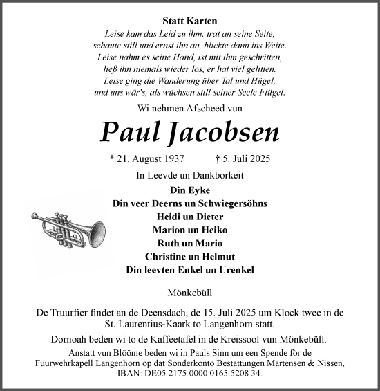Traueranzeige von Paul Jacobsen von Husumer Nachrichten, Nordfriesland Tageblatt