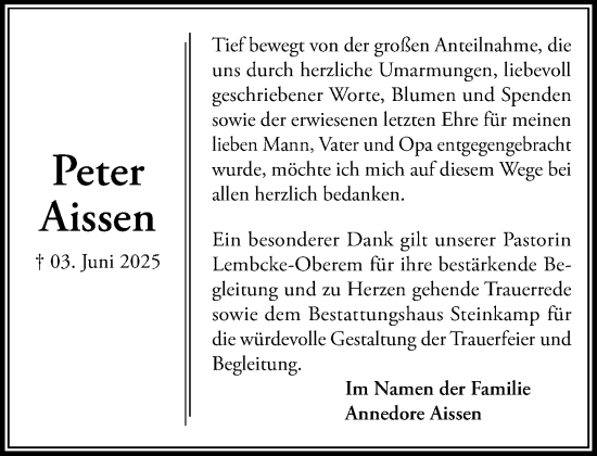 Traueranzeige von Peter Aissen von Wochenend Anzeiger