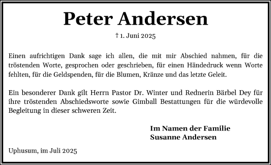 Traueranzeige von Peter Andersen von Husumer Nachrichten, Nordfriesland Tageblatt