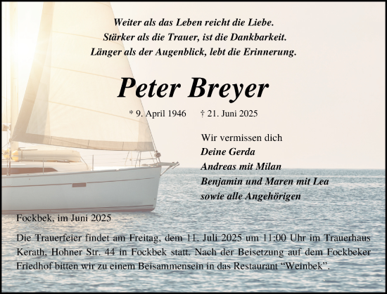 Traueranzeige von Peter Breyer von Schleswig-Holsteinische Landeszeitung