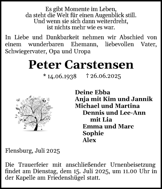 Traueranzeige von Peter Carstensen von Flensburger Tageblatt