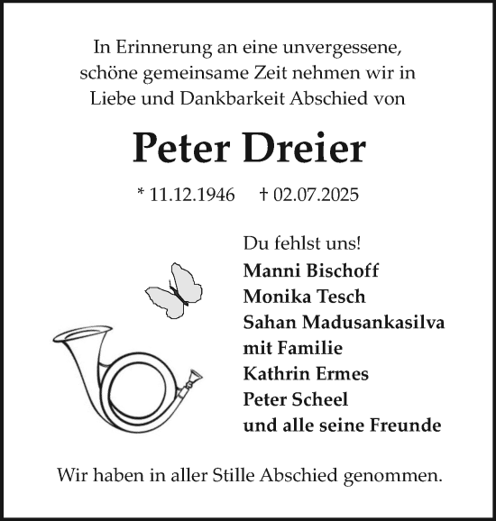 Traueranzeige von Peter Dreier von Sylter Rundschau