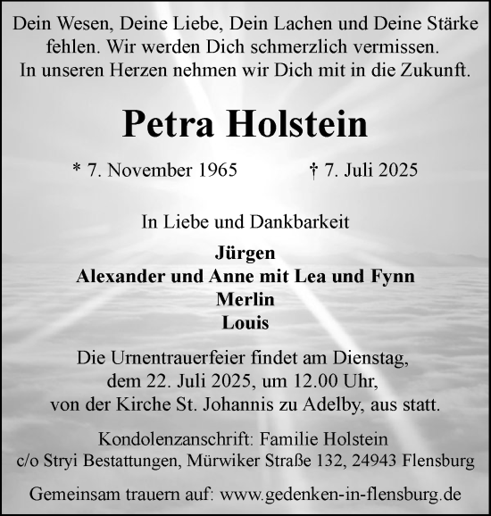 Traueranzeige von Petra Holstein von Flensburger Tageblatt