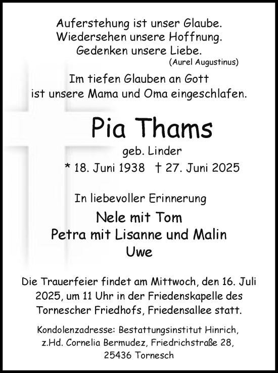 Traueranzeige von Pia Thams von Uetersener Nachrichten, Der tip am Wochenende