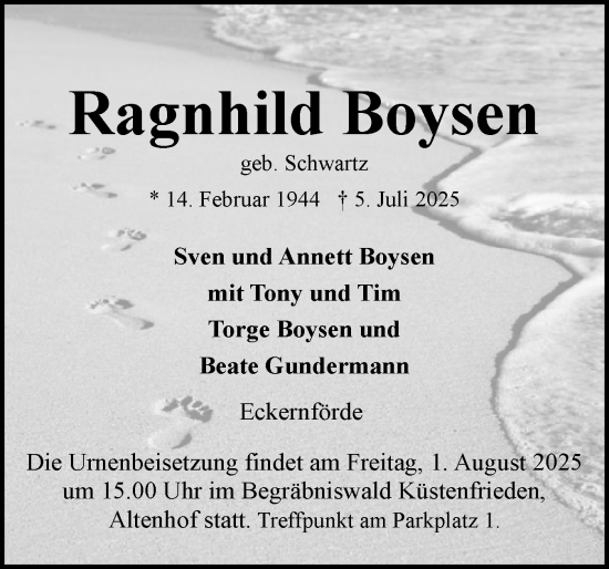 Traueranzeige von Ragnhild Boysen von Eckernförder Zeitung, Hallo Eckernförde