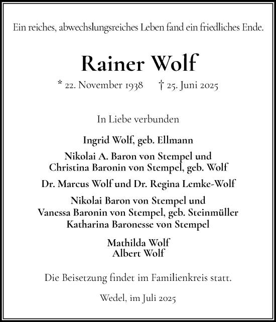 Traueranzeige von Rainer Wolf von Wedel-Schulauer Tageblatt, tip Wedel-Schulauer Tageblatt, tip Rissener Rundschau