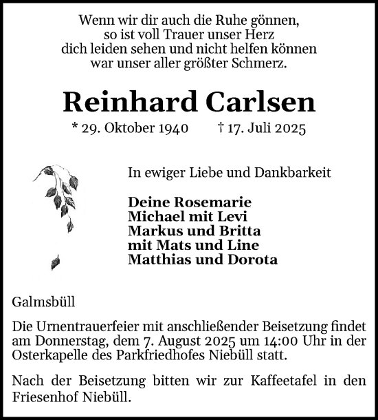 Traueranzeige von Reinhard Carlsen von Husumer Nachrichten, Nordfriesland Tageblatt