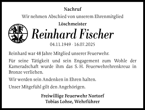 Traueranzeige von Reinhard Fischer von Schleswig-Holsteinische Landeszeitung