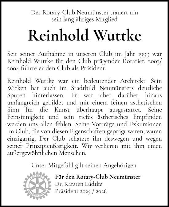 Traueranzeige von Reinhold Wuttke von Holsteinischer Courier
