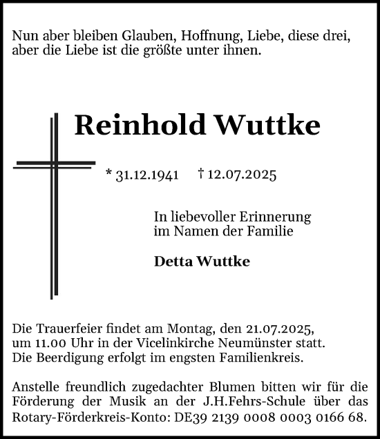 Traueranzeige von Reinhold Wuttke von Holsteinischer Courier