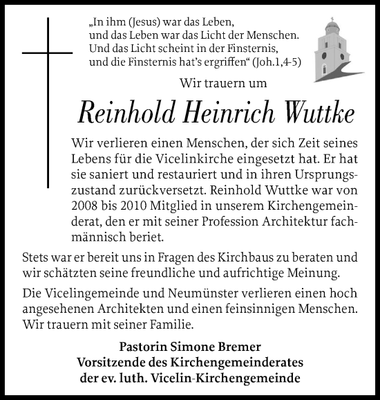 Traueranzeige von Reinhold Heinrich Wuttke von Holsteinischer Courier