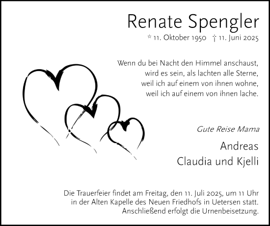 Traueranzeige von Renate Spengler von Uetersener Nachrichten, Der tip am Wochenende