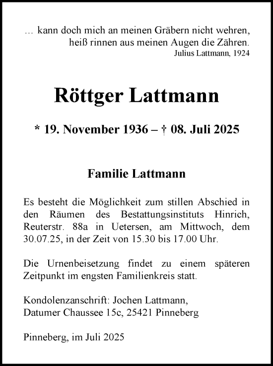 Traueranzeige von Röttger Lattmann von Uetersener Nachrichten, Der tip am Wochenende