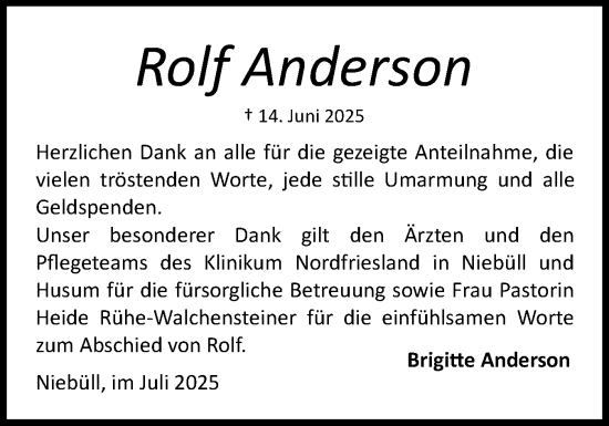 Traueranzeige von Rolf Anderson von Husumer Nachrichten, Nordfriesland Tageblatt