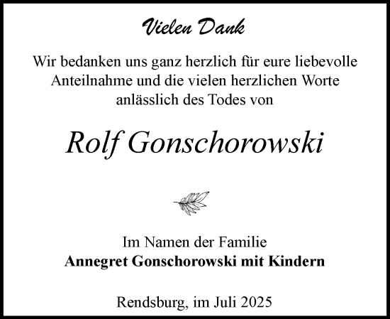 Traueranzeige von Rolf Gonschorowski von Schleswig-Holsteinische Landeszeitung