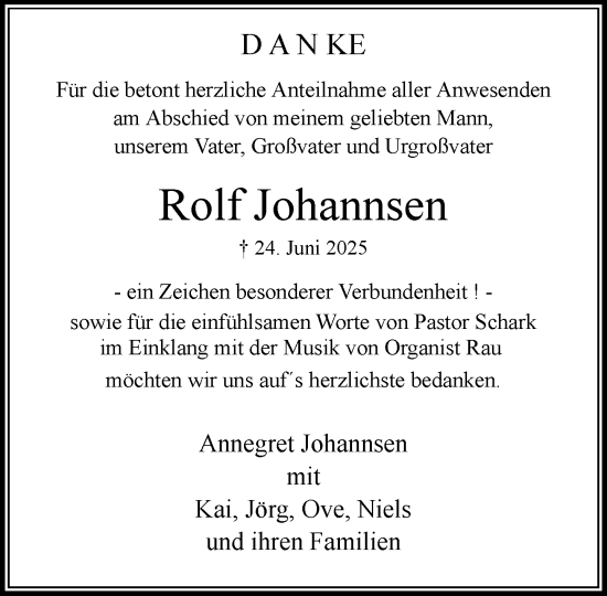 Traueranzeige von Rolf Johannsen von MARKT Bad Oldesloe/Reinfeld und Stormarner Tageblatt
