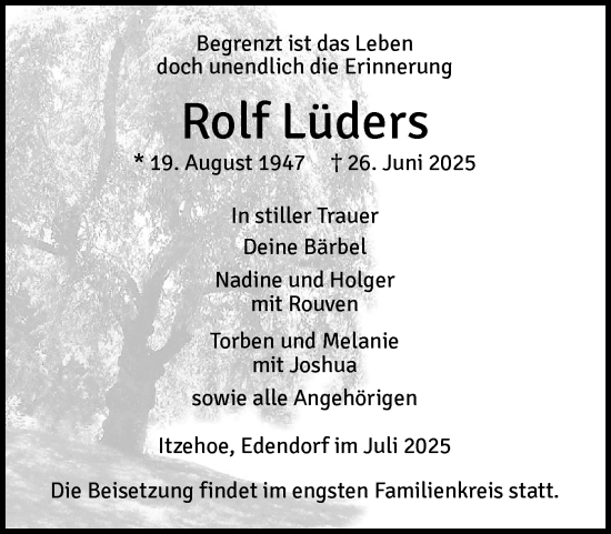 Traueranzeige von Rolf Lüders von Norddeutsche Rundschau, Wilstersche Zeitung, Glückstädter Fortuna