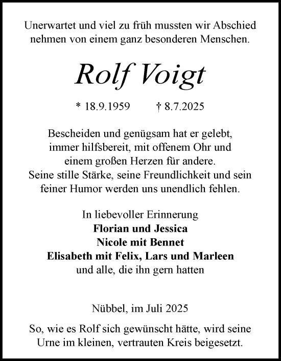 Traueranzeige von Rolf Voigt von Schleswig-Holsteinische Landeszeitung