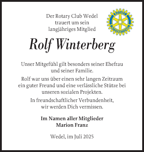 Traueranzeige von Rolf Winterberg von Wedel-Schulauer Tageblatt, tip Wedel-Schulauer Tageblatt, tip Rissener Rundschau