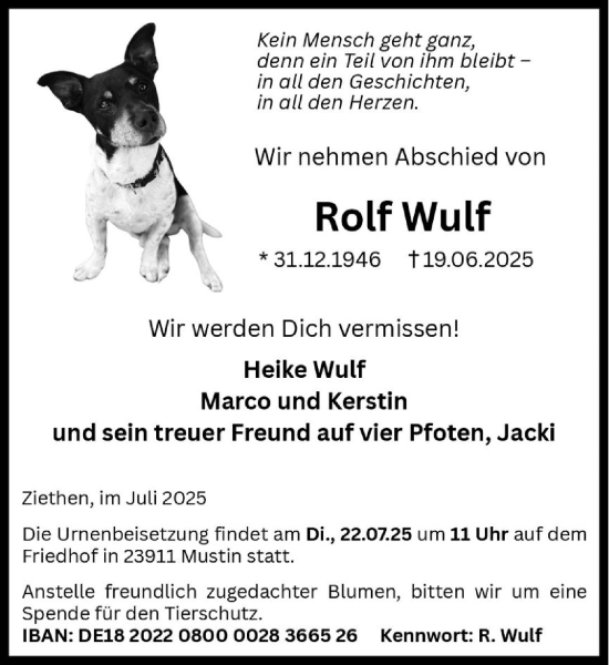 Traueranzeige von Rolf Wulf von MARKT Ratzeburg/Mölln