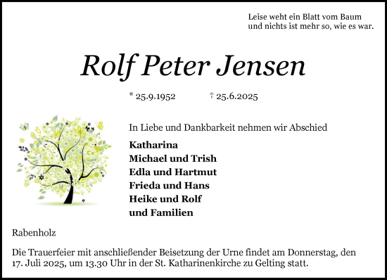 Traueranzeige von Rolf Peter Jensen von Schleswiger Nachrichten, Schlei-Bote