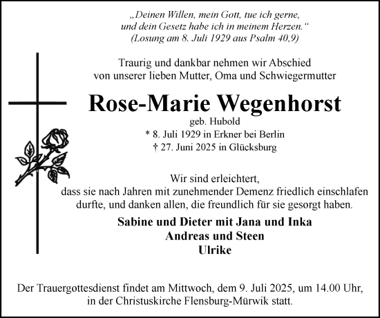 Traueranzeige von Rose-Marie Wegenhorst von Flensburger Tageblatt