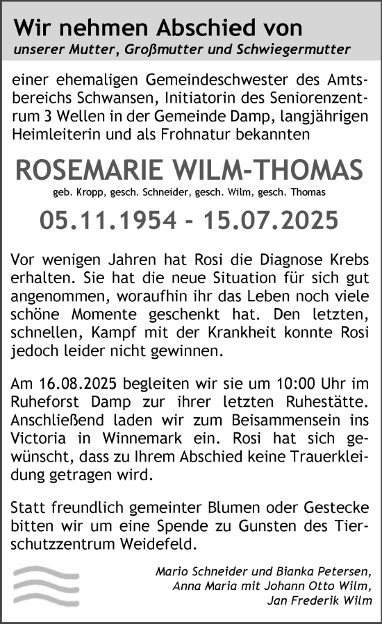 Traueranzeige von Rosemarie Wilm-Thomas von Schleswiger Nachrichten, Schlei-Bote, Eckernförder Zeitung