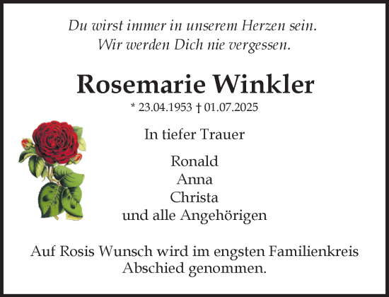 Traueranzeige von Rosemarie Winkler von Heimatspiegel