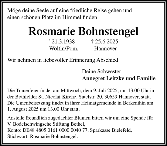 Traueranzeige von Rosmarie Bohnstengel von MARKT Ratzeburg/Mölln