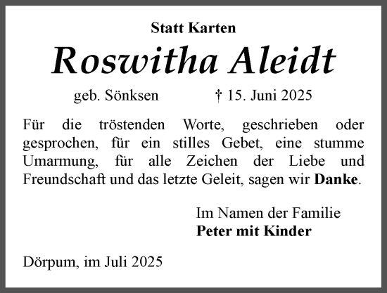 Traueranzeige von Roswitha Aleidt von Husumer Nachrichten, Nordfriesland Tageblatt