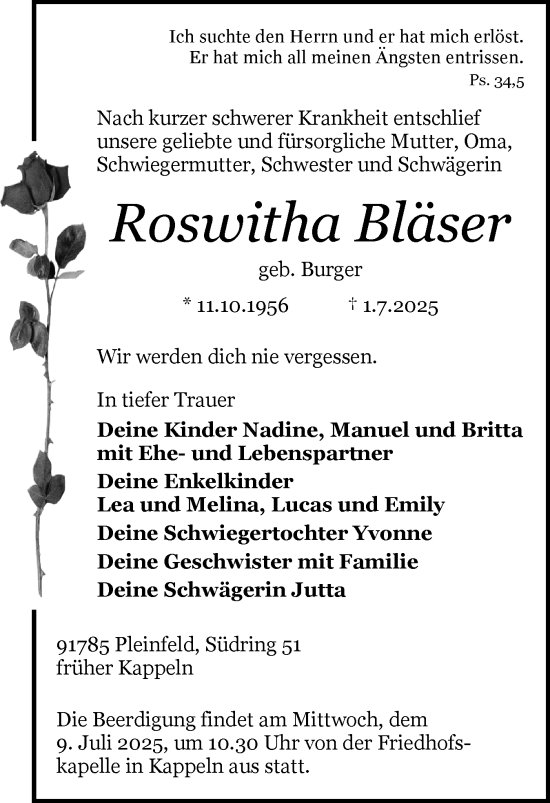 Traueranzeige von Roswitha Bläser von Schleswiger Nachrichten, Schlei-Bote