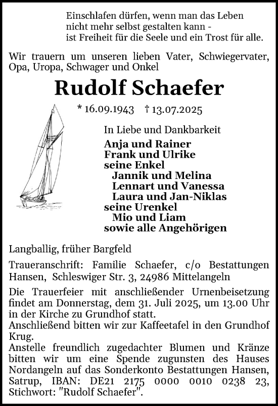 Traueranzeige von Rudolf Schaefer von Flensburger Tageblatt