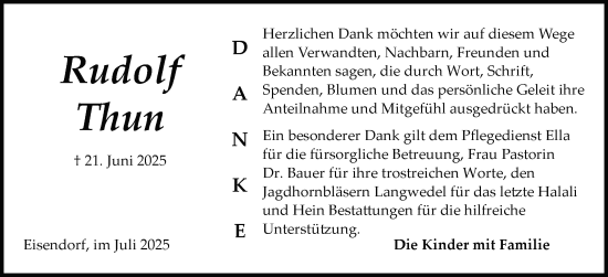 Traueranzeige von Rudolf Thun von Schleswig-Holsteinische Landeszeitung