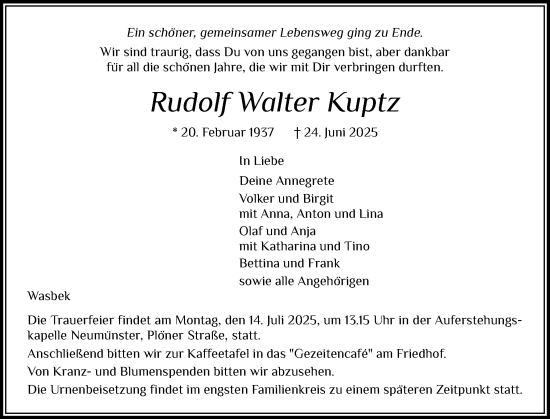 Traueranzeige von Rudolf Walter Kuptz von Holsteinischer Courier