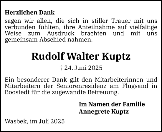 Traueranzeige von Rudolf Walter Kuptz von Holsteinischer Courier