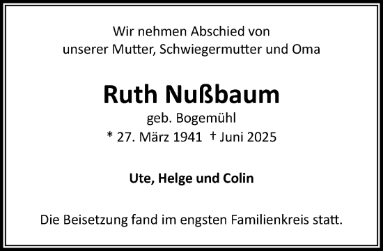 Traueranzeige von Ruth Nußbaum von Heimatspiegel