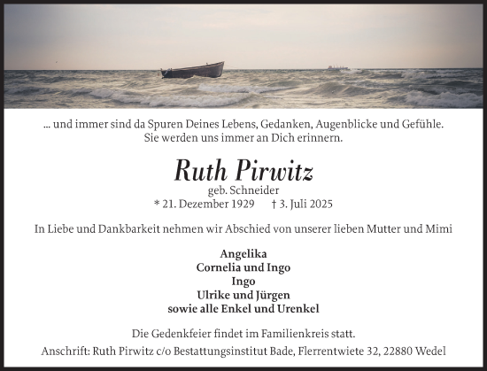 Traueranzeige von Ruth Pirwitz von Wedel-Schulauer Tageblatt, tip Wedel-Schulauer Tageblatt, tip Rissener Rundschau
