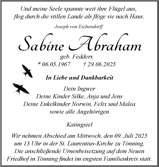 Traueranzeige von Sabine Abraham von Husumer Nachrichten, Nordfriesland Tageblatt